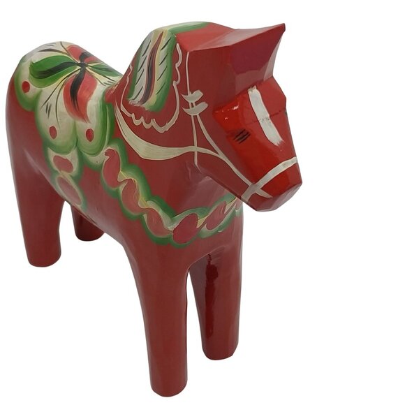 Swedish Dala Horse Hand-Painted Wooden Folk Art Orange Green with Brochure - Picture 4 of 7